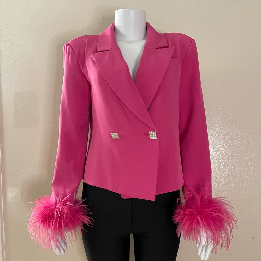 Fuchsia blazer with feather cuff details